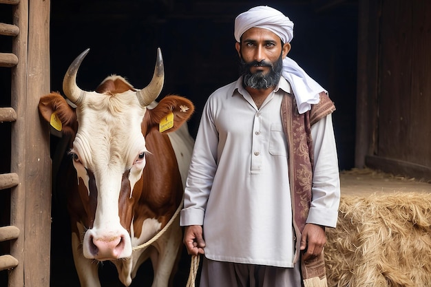 a moslem man with skullcap standing holding the cows bridle in front of the cows stable