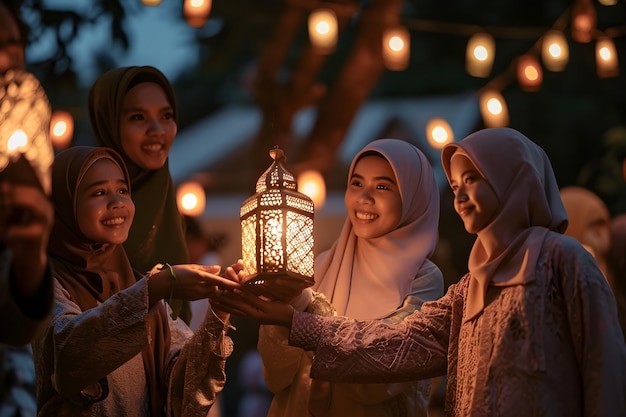 moslem people handling lanterntorch celebrating eid mubarak