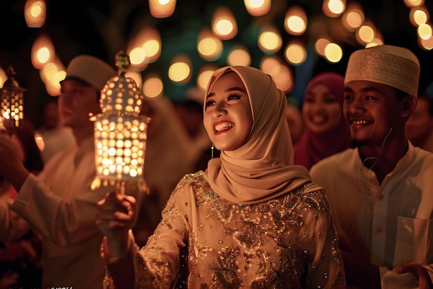 moslem people handling lanterntorch celebrating eid mubarak