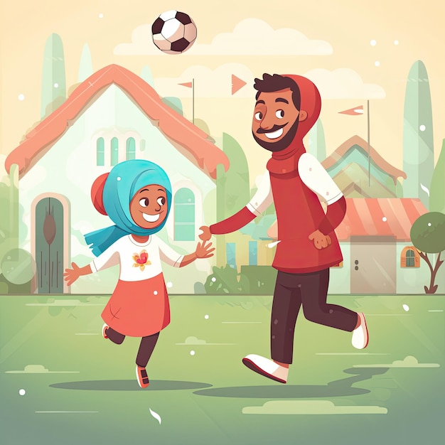 Moslim-Arabische kinderen die voetbal spelen Voetbalstijl kinderboekillustratie AI gegenereerd