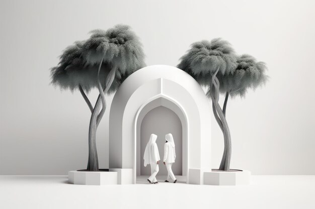 moslim arabische muslimah met twee bomen op een witte achtergrond