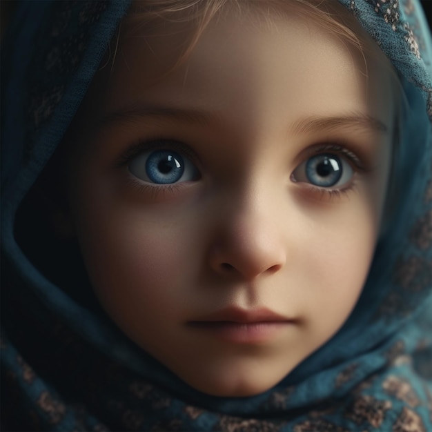 Moslim baby meisje met blauwe ogen in hijab licht