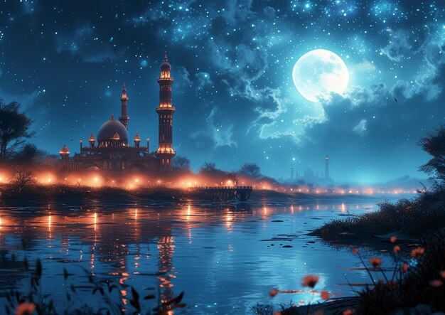 Foto moslim heilige maand ramadan kareem ornamentele arabische lantaarn met brandende kaars die in de avond gloeit