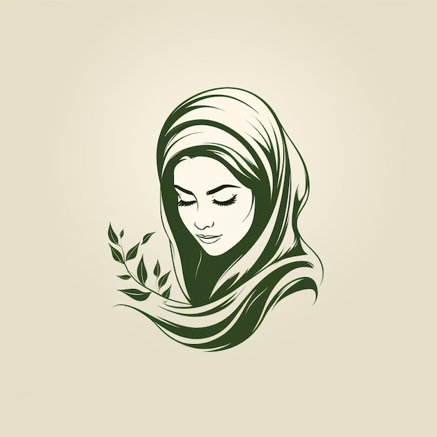 Foto moslim hijabi vrouwen met blad handgetekende lijn kunst illustratie logo voor boetiek mode of bedrijf