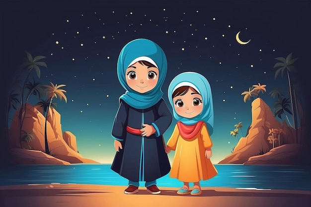 Moslim Kinderen Jongen en Meisje Vector Art Illustratie voor kinderen