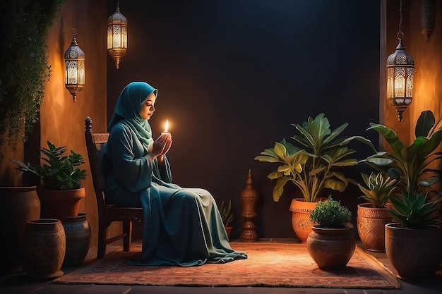 Moslim vrouwelijke figuur die met Tasbih aan de stoel bidt