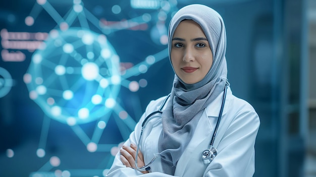 Moslim vrouwelijke wetenschapper met een technologische medische achtergrond Bioinformatica en genomisch onderzoek