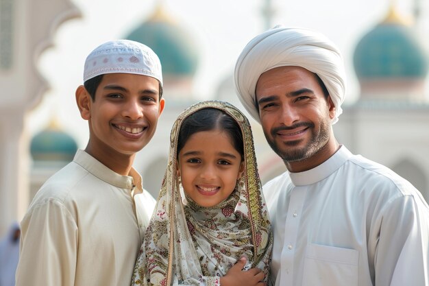 Moslimfamilie lacht naar de camera voor de moskee