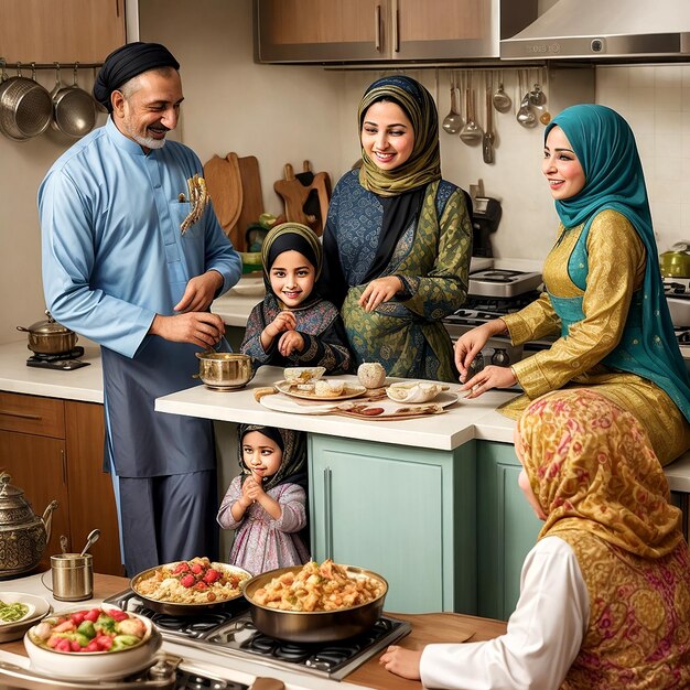 Moslimfamilie met een focus op hun vreugdevolle uitdrukkingen AI_Generated