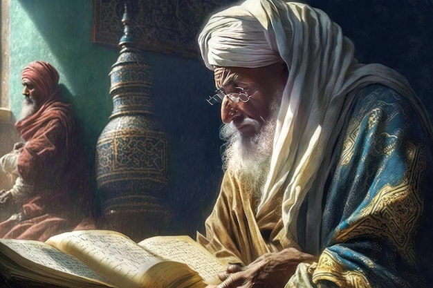 Foto moslimgeleerden die de koran bestuderen gemaakt met generatieve kunstmatige intelligentietechnologie