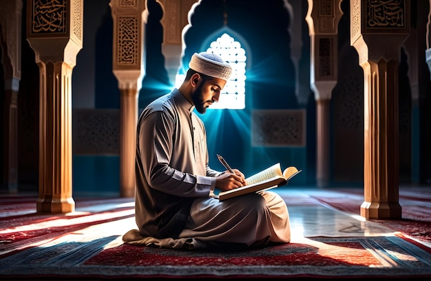 Foto moslimman die de koran leest in de moskee