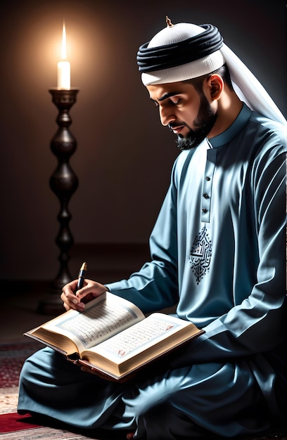 Foto moslimman die de koran leest in de moskee