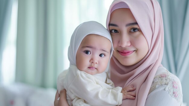 Foto moslimmoeder in hijab die baby vasthoudt serene moederschap omhelzen