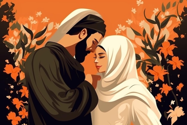 Foto moslimpaar verliefd in een bloementuin generatieve ai