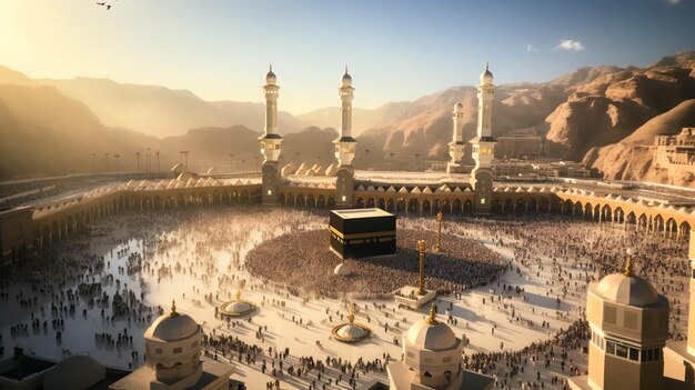 Foto moslimpopuler kaaba in het midden en een menigte moslimmensen over de hele wereld die rond de kaaba in macca bidden