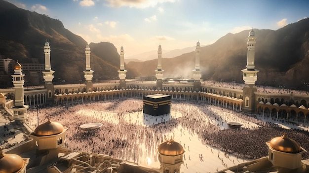 Moslimpopuler Kaaba in het midden en een menigte moslimmensen over de hele wereld die rond de Kaaba in Macca bidden