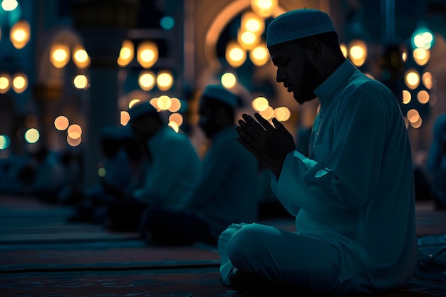 Moslims bidden in de nacht van de ramadan met selectieve focus neuraal netwerk gegenereerd beeld