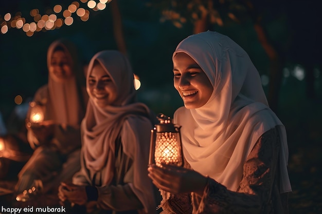 Moslims met lantaarntorchen vieren Eid Mubarak