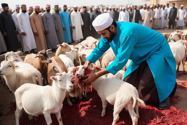 Moslims slachten een geit of een lam tijdens Eid AlAdha Al Mubarak