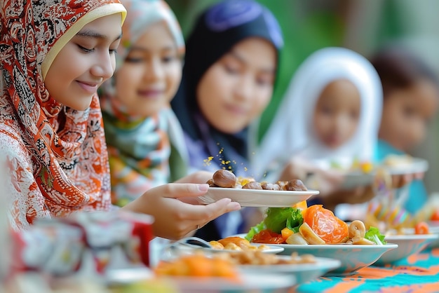 Moslims voeden eten op een eettafel in een huis op Ramadan Moslim traditionele familie Bokeh Mensen