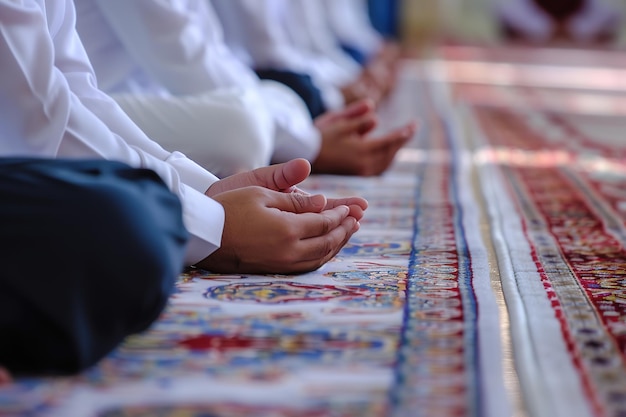 Moslims zitten in gebed met hun handen open voor smeekbeden