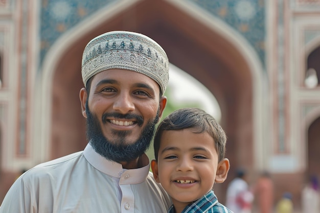 Moslimvader en zoon glimlachen naar de camera voor de moskee