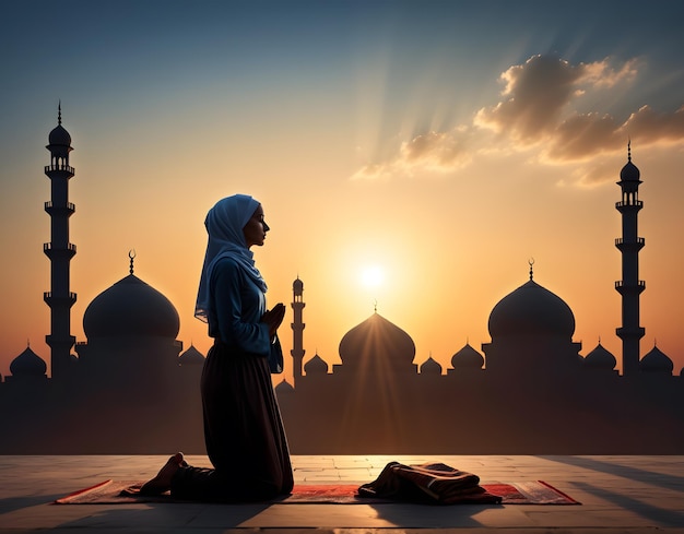 Foto moslimvrouw die bidt bij zonsondergang met woestijn achtergrond