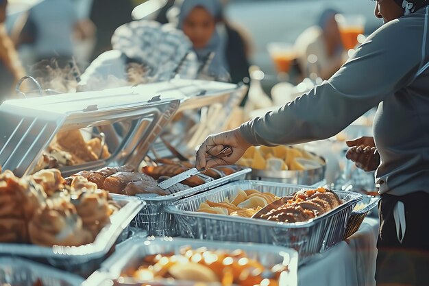 Foto moslimvrouw die eten deelt tijdens het ramadanfeest