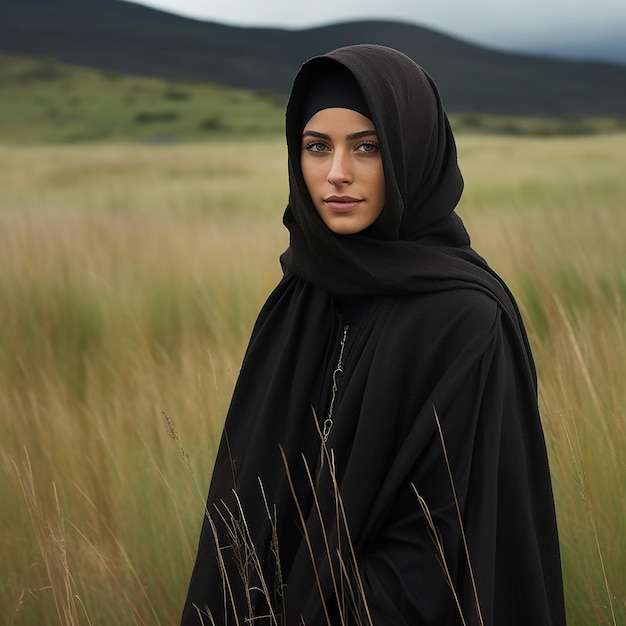 Moslimvrouw in hoog gras, gekleed in Abaya en regen