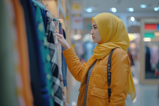 moslimvrouw met hijab die haar modekleding in de winkel controleert