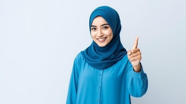 moslimvrouw met hijab wijzend op witte achtergrond