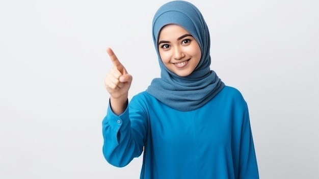 moslimvrouw met hijab wijzend op witte achtergrond