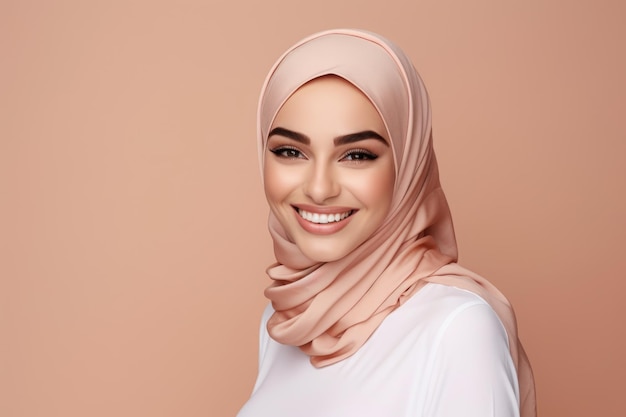 moslimvrouw met mooie glimlach witte tanden reclame voor perfecte glimlachproducten
