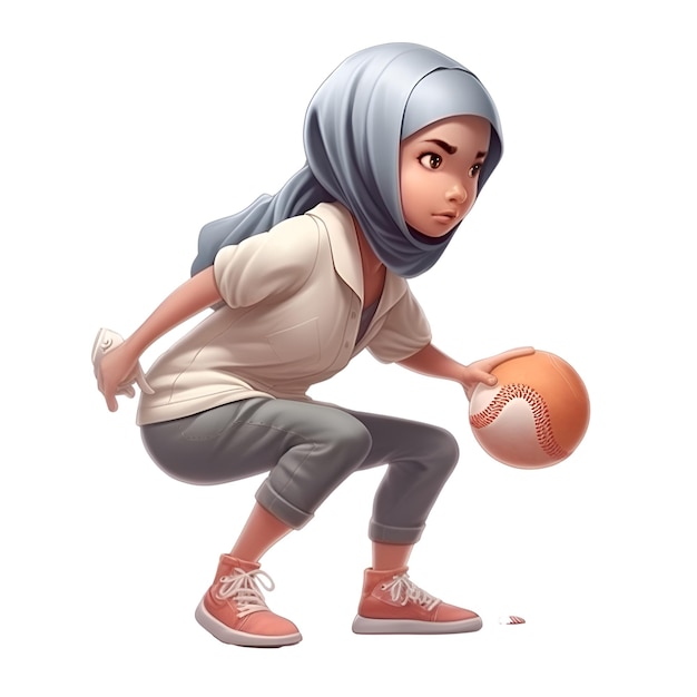 Moslimvrouw met voetbal 3d illustratie horizontaal geïsoleerd over wit