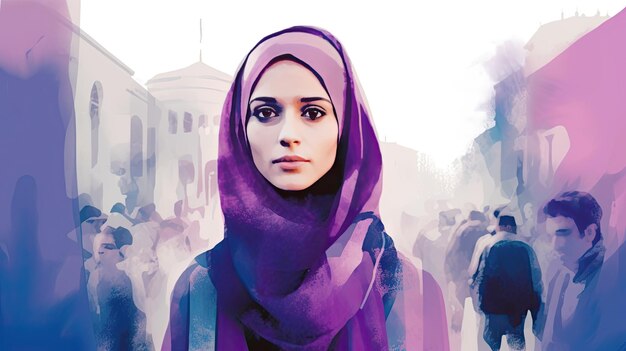 Moslimvrouwen in Iran pleiten voor vrouwenrechten aquarel illustratie in paarse tinten Generatieve AI