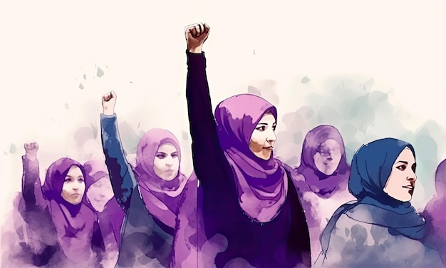 Moslimvrouwen in Iran pleiten voor vrouwenrechten aquarel illustratie in paarse tinten Generatieve AI