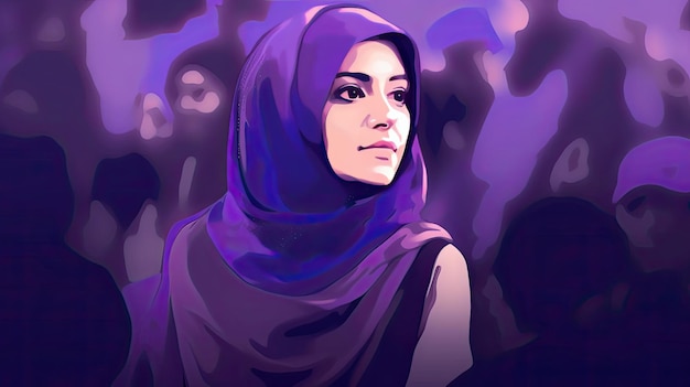 Moslimvrouwen in Iran pleiten voor vrouwenrechten aquarel illustratie in paarse tinten Generatieve AI