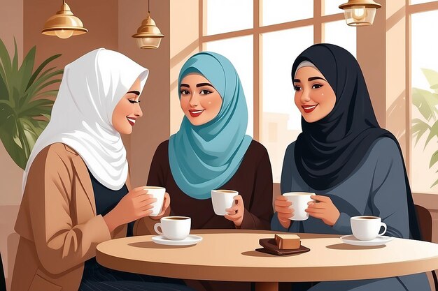 Moslimvrouwen ontmoeten elkaar in een Arabische koffieshop.