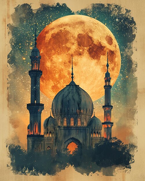 Mosque on the background of the full moon