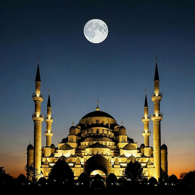 Mosque building architecture at night with moon