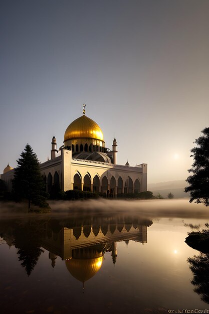 mosque building Hight tower dome epic fog dawn dramatic lighting dim light mountain