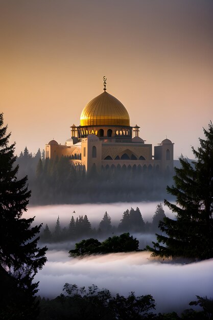 Photo mosque building hight tower dome epic fog dawn dramatic lighting dim light mountain