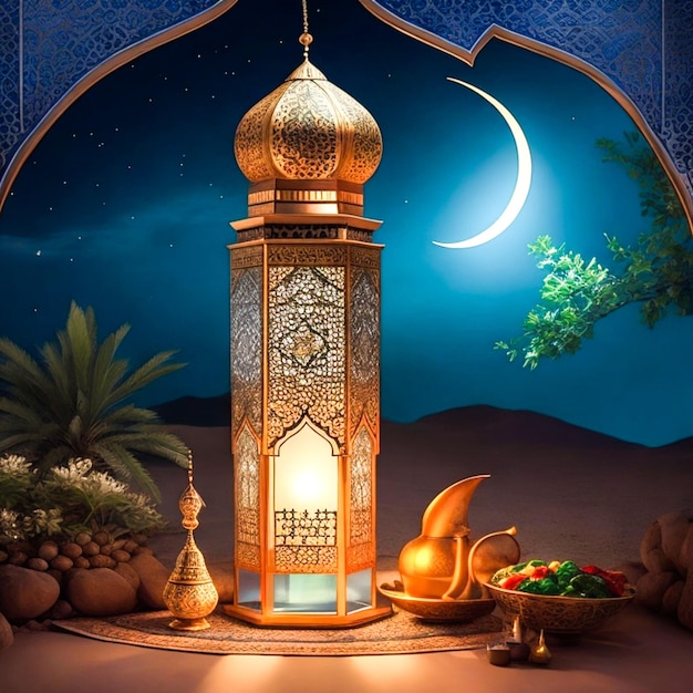 Mosque building Ramadan Kareem Greeting card Illustration Generate AI