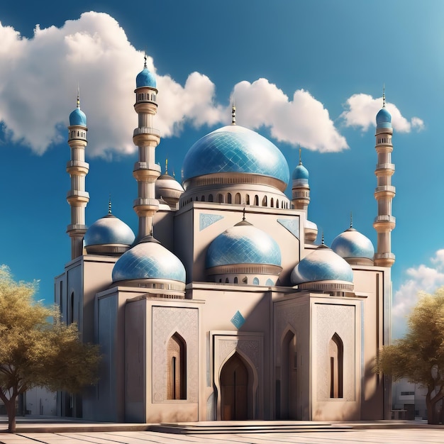 Mosque building with a blue sky and clouds for eid alfitr background