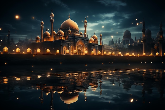 a mosque by night with the moon and the reflection