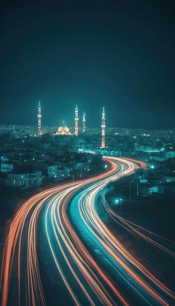 Mosque in the city at night with car light trails Istanbul Turkey