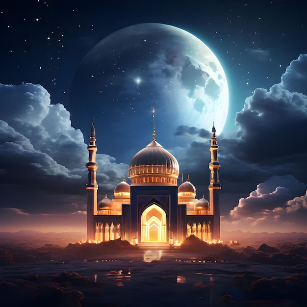 Mosque on cloud and fantasy glowing moon