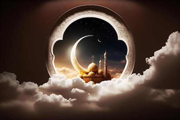 Mosque in the clouds with a moon islamic post