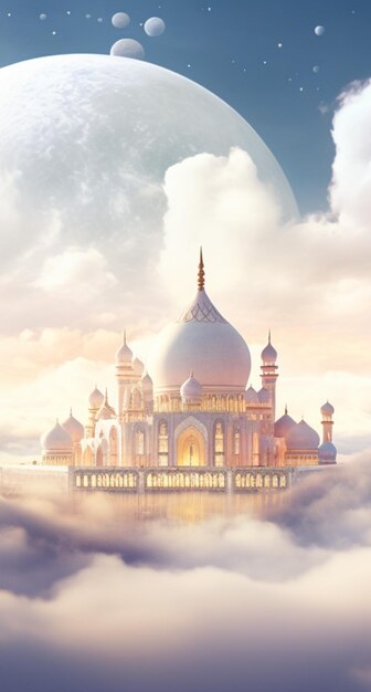 mosque in the clouds with a sky background islamic new year greeting