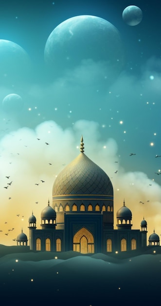 mosque in the clouds with a sky background islamic new year greeting